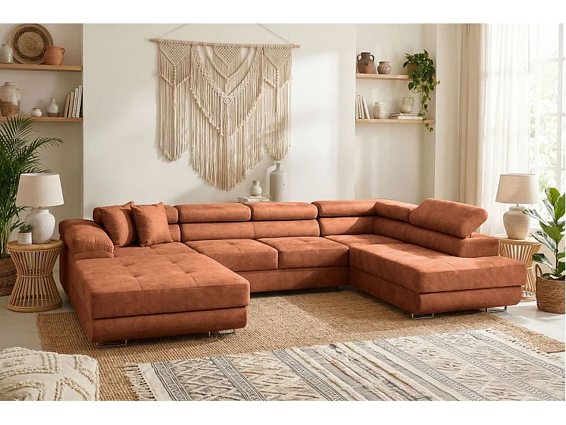 Canapé panoramique 6 places FLAVIO convertible avec 2 coffres en tissu - terracotta