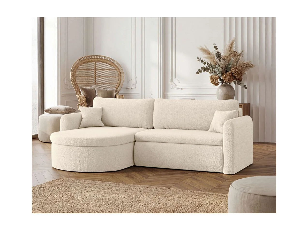 Canapé d'angle reversible convertible 4 places VERA en tissu bouclette - Blanc