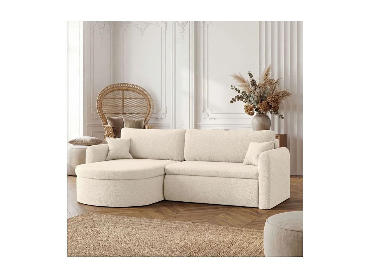 Canapé d'angle reversible convertible 4 places VERA en tissu bouclette - Blanc