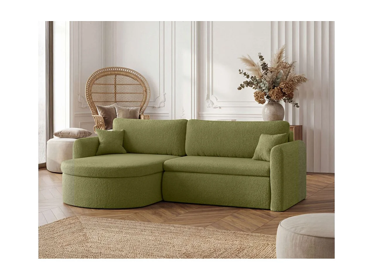 Canapé d'angle reversible convertible 4 places VERA en tissu bouclette - Vert kaki