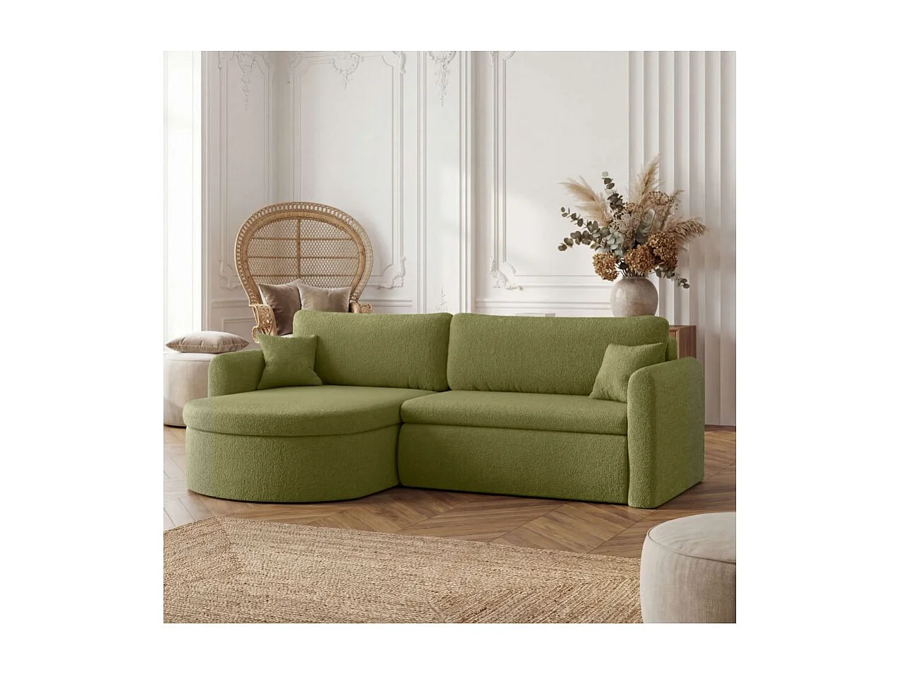 Canapé d'angle reversible convertible 4 places VERA en tissu bouclette - Vert kaki