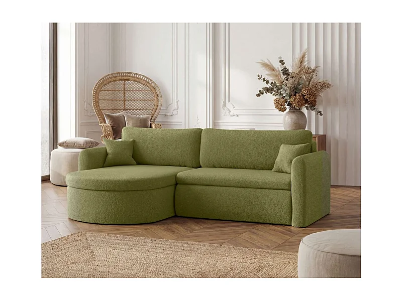 Canapé d'angle reversible convertible 4 places VERA en tissu bouclette - Vert kaki
