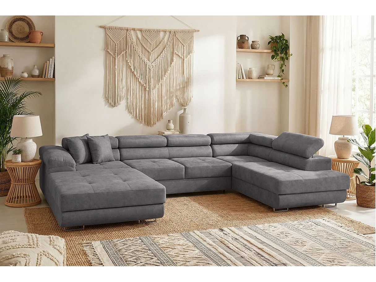 Canapé panoramique 6 places FLAVIO convertible avec 2 coffres en tissu - Gris moyen