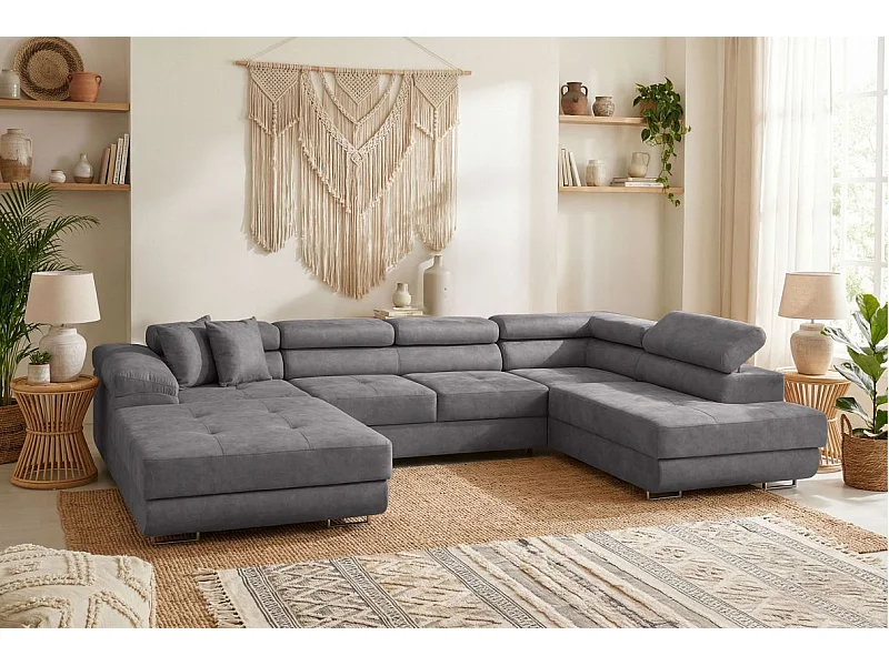 Canapé panoramique 6 places FLAVIO convertible avec 2 coffres en tissu - Gris moyen