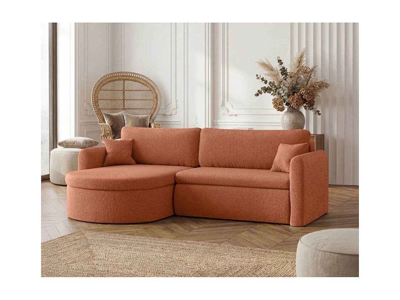 Canapé d'angle reversible convertible 4 places VERA en tissu bouclette - Terracotta