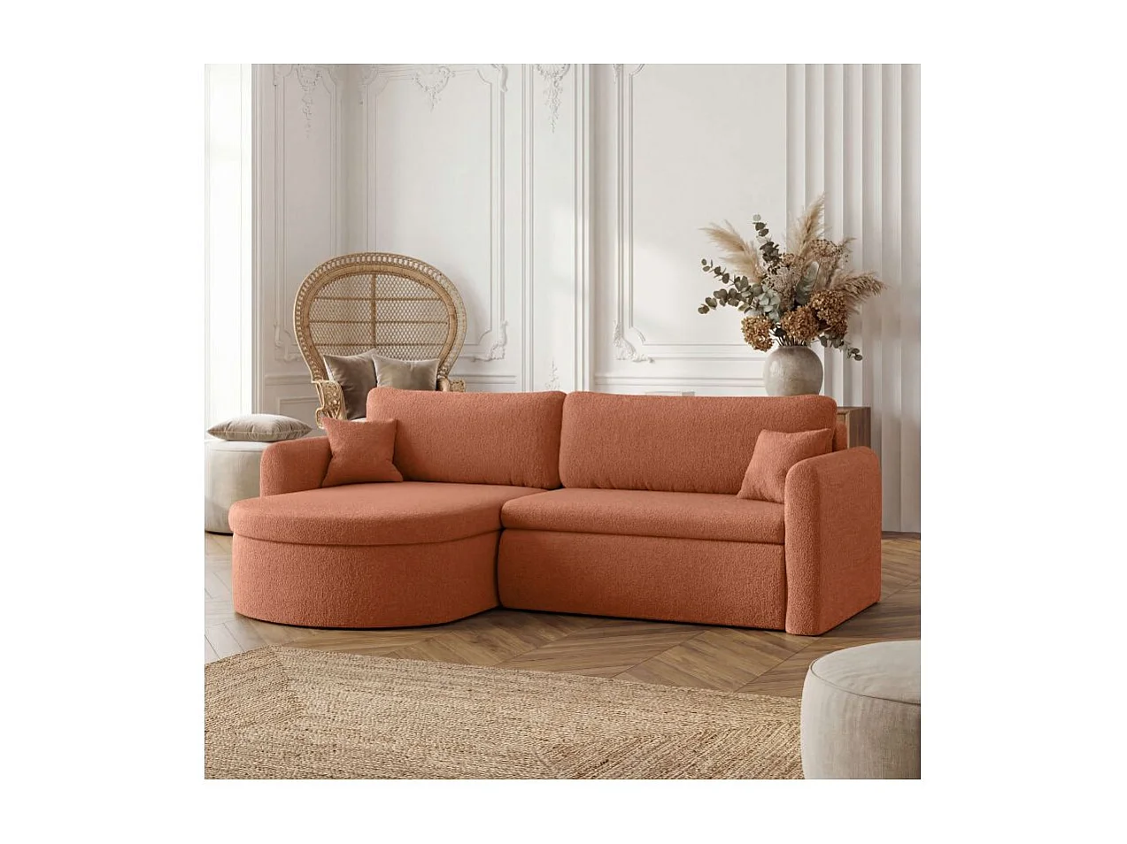 Canapé d'angle reversible convertible 4 places VERA en tissu bouclette - Terracotta