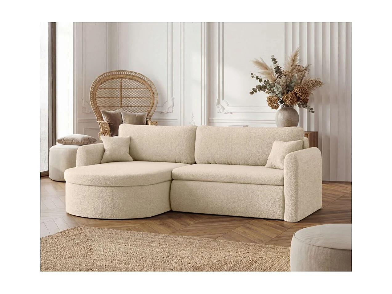 Canapé d'angle reversible convertible 4 places VERA en tissu bouclette - Beige