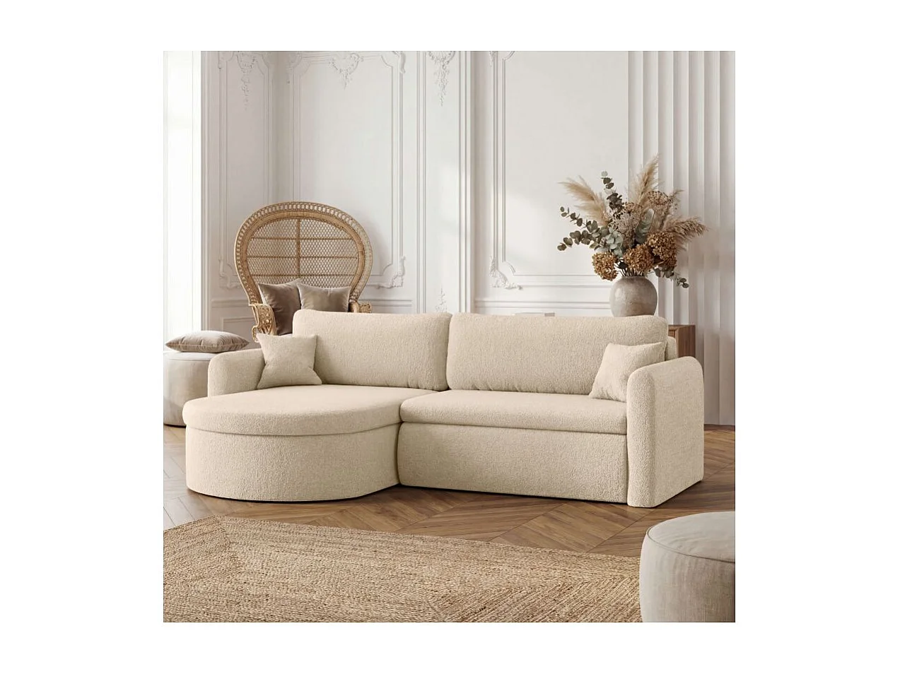 Canapé d'angle reversible convertible 4 places VERA en tissu bouclette - Beige