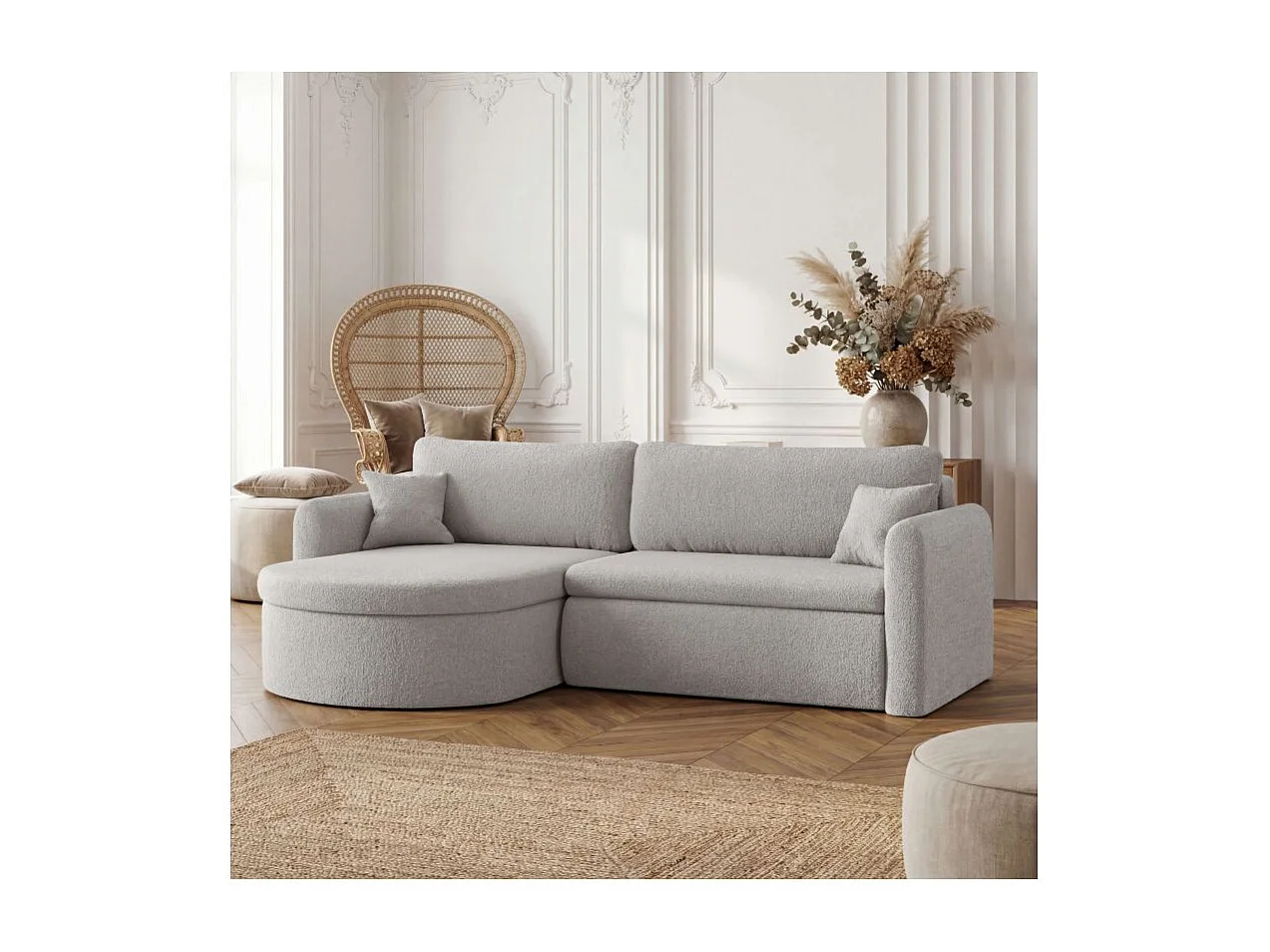 Canapé d'angle reversible convertible 4 places VERA en tissu bouclette - Gris clair