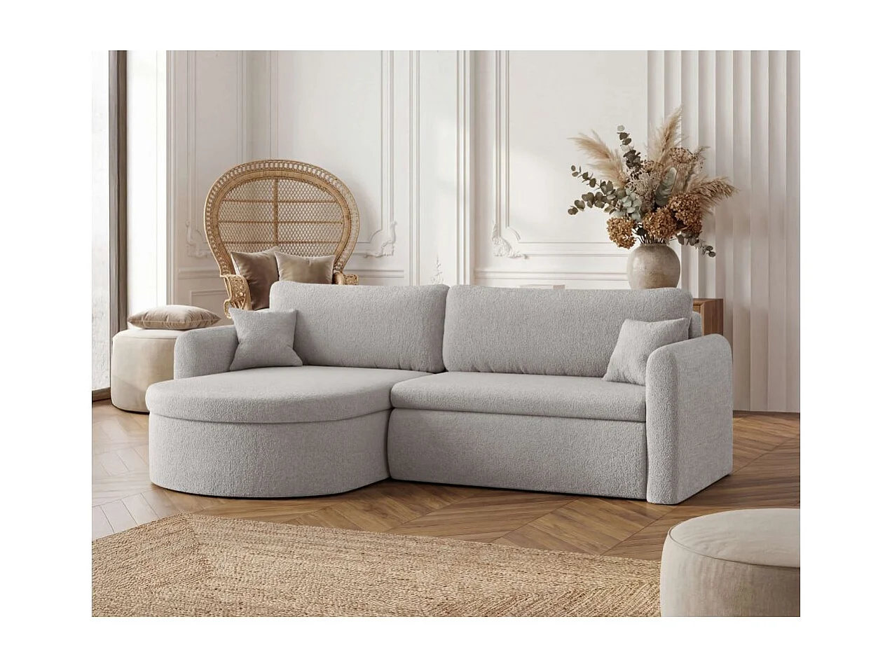 Canapé d'angle reversible convertible 4 places VERA en tissu bouclette - Gris clair