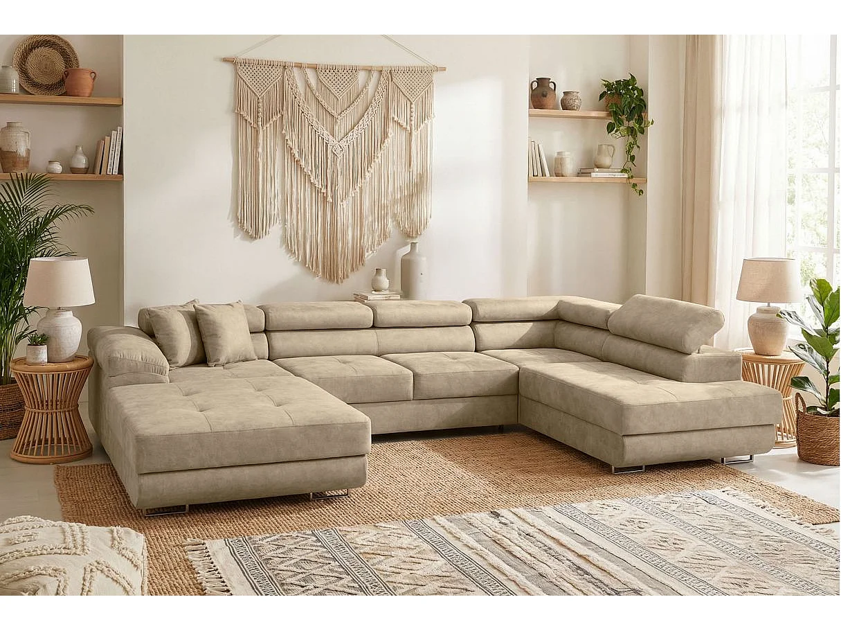 Canapé panoramique 6 places FLAVIO convertible avec 2 coffres en tissu - Beige