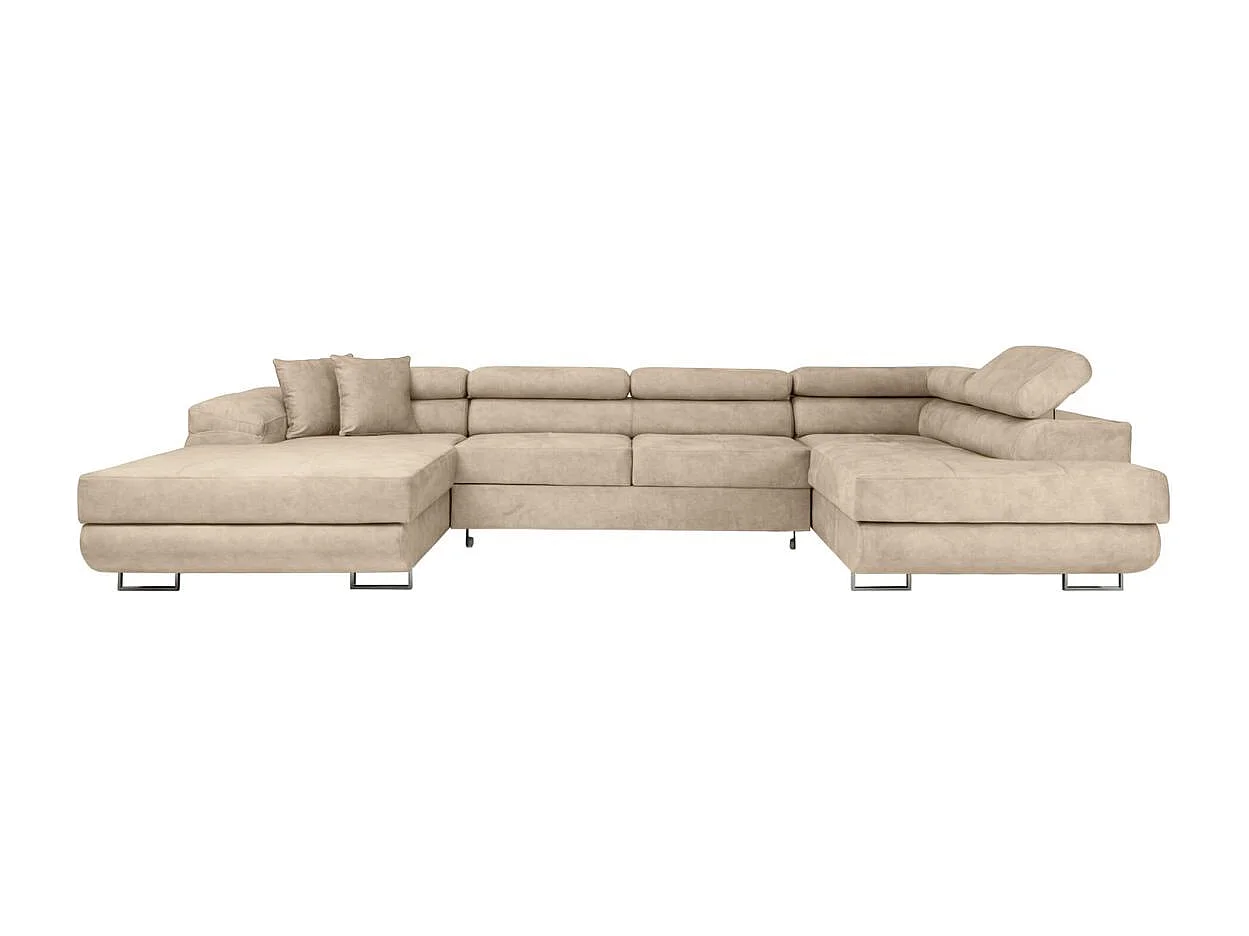 Canapé panoramique 6 places FLAVIO convertible avec 2 coffres en tissu - Beige