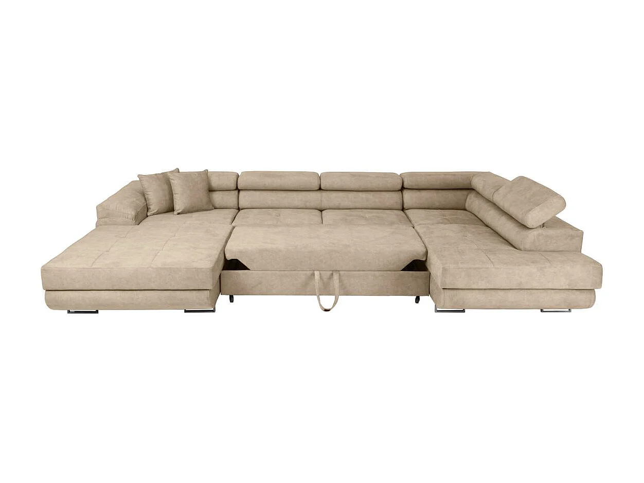 Canapé panoramique 6 places FLAVIO convertible avec 2 coffres en tissu - Beige
