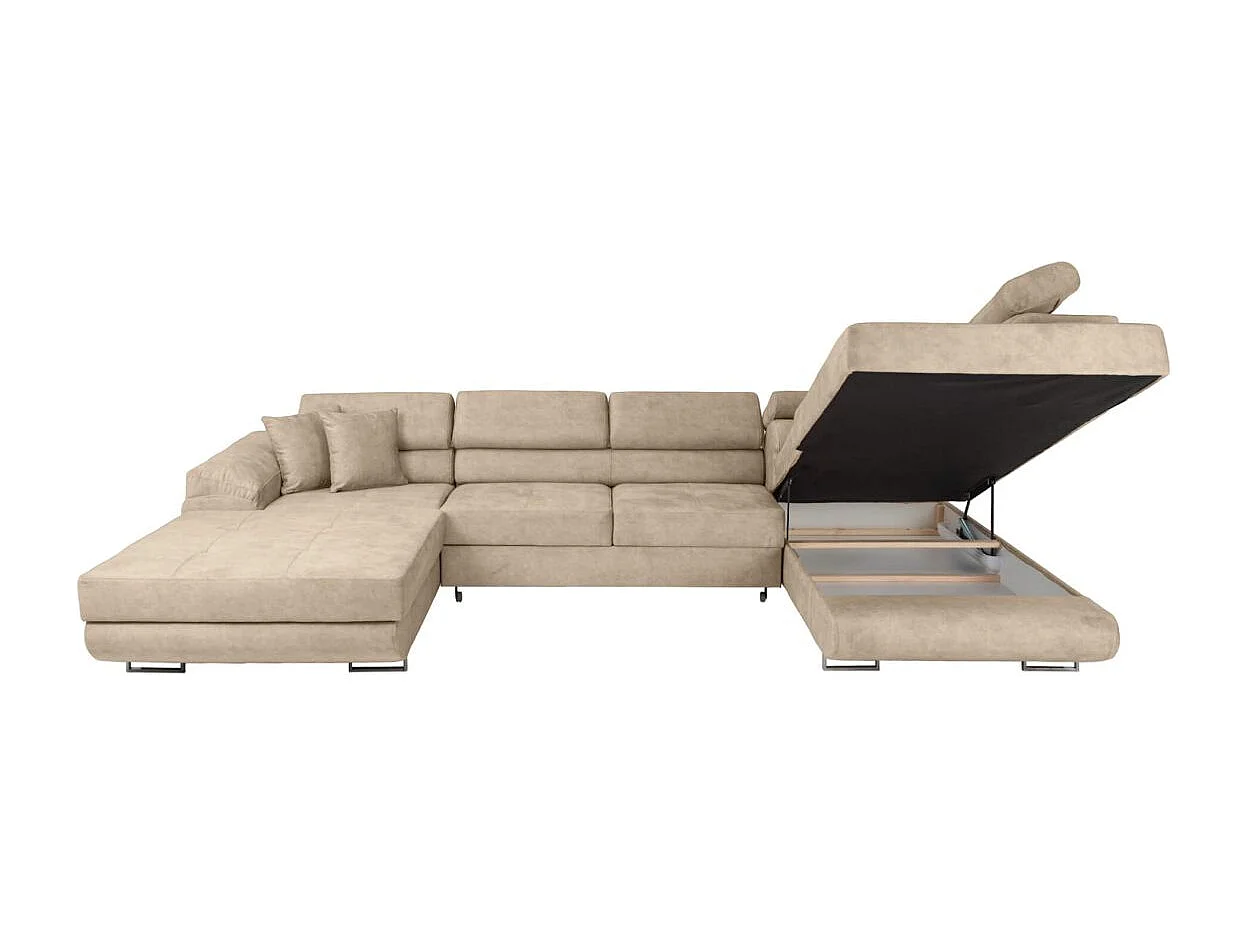 Canapé panoramique 6 places FLAVIO convertible avec 2 coffres en tissu - Beige