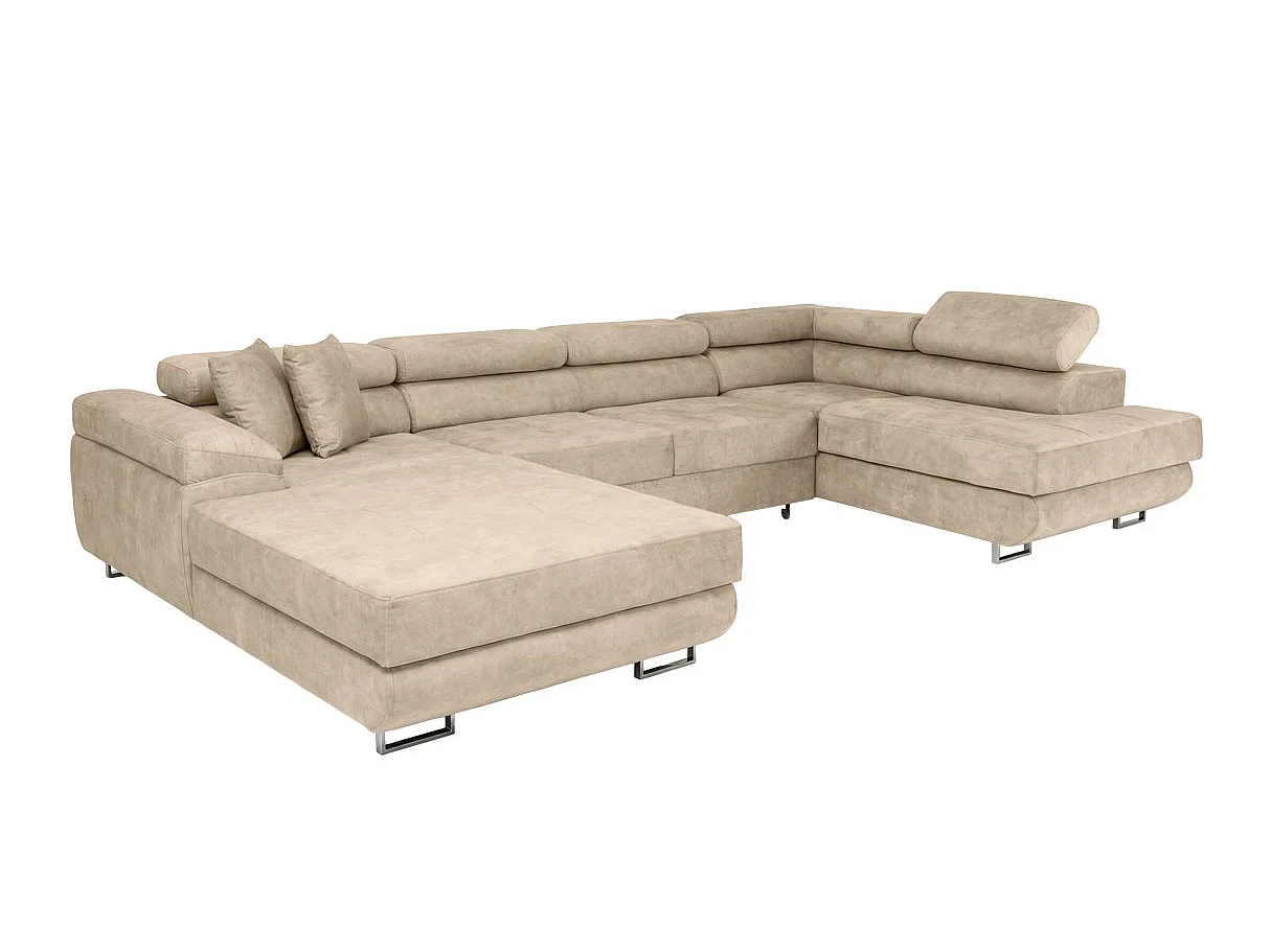Canapé panoramique 6 places FLAVIO convertible avec 2 coffres en tissu - Beige
