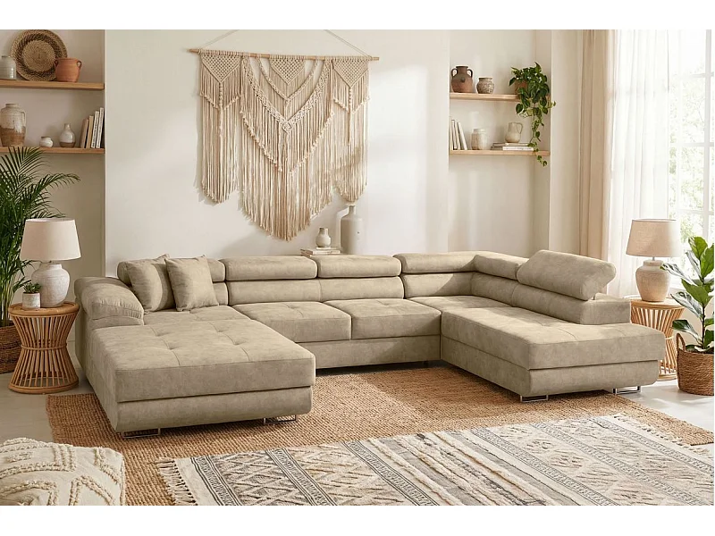 Canapé panoramique 6 places FLAVIO convertible avec 2 coffres en tissu - Beige