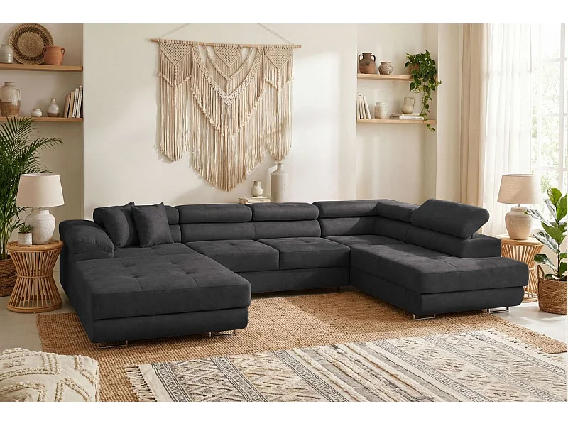 Canapé panoramique 6 places FLAVIO convertible avec 2 coffres en tissu - Gris anthracite