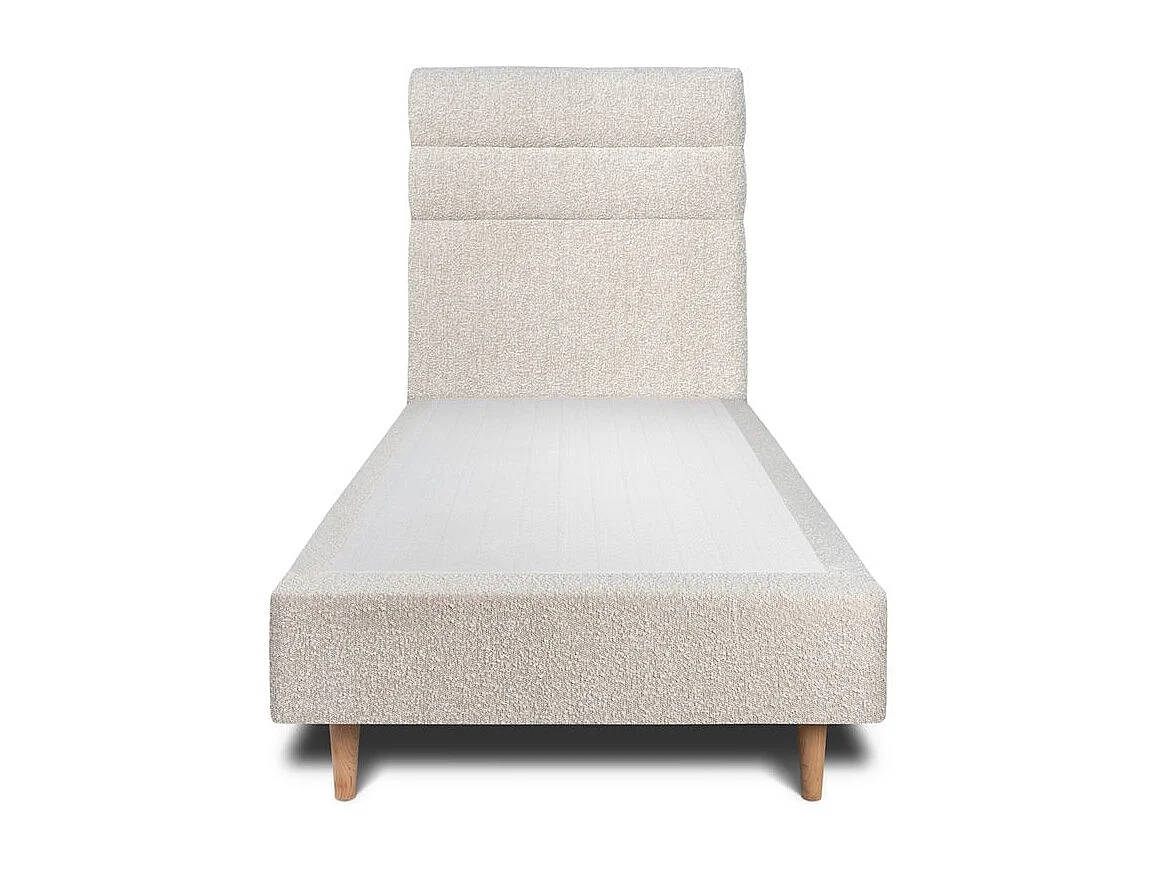 Lit 90x190cm avec tête de lit lignes bouclette et sommier tapissier beige - Hauteur totale : 35cm