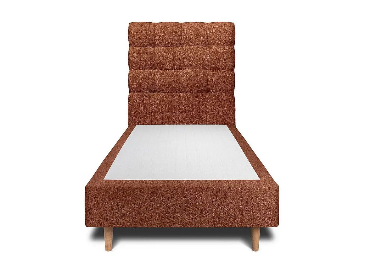 Lit 90x200cm avec tête de lit capitonnée bouclette et sommier tapissier terracotta - Hauteur totale : 35cm
