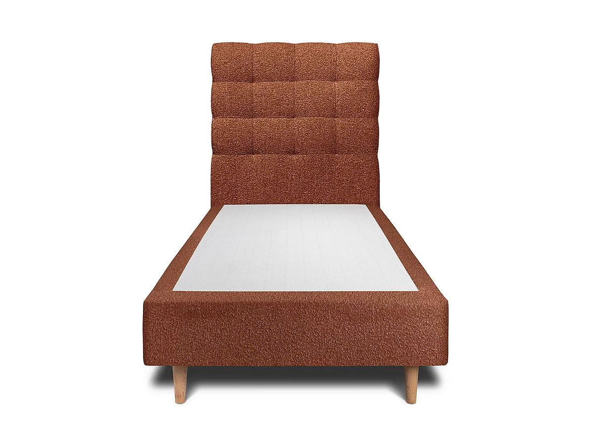 Lit 90x200cm avec tête de lit capitonnée bouclette et sommier tapissier terracotta - Hauteur totale : 35cm