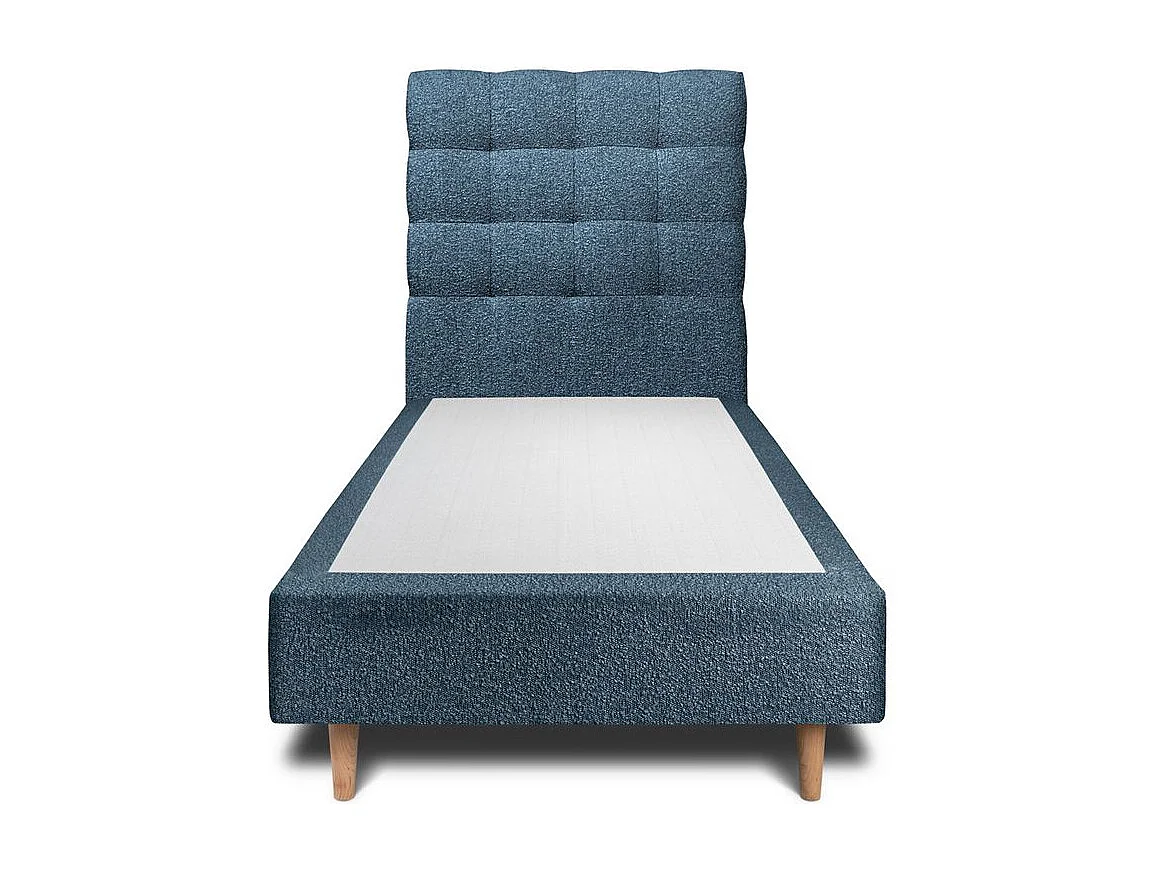 Lit 90x200cm avec tête de lit capitonnée bouclette et sommier tapissier Bleu - Hauteur totale : 35cm