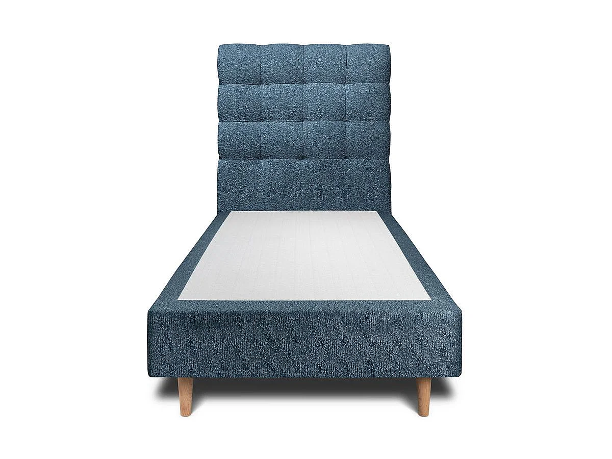 Lit 90x200cm avec tête de lit capitonnée bouclette et sommier tapissier Bleu - Hauteur totale : 35cm