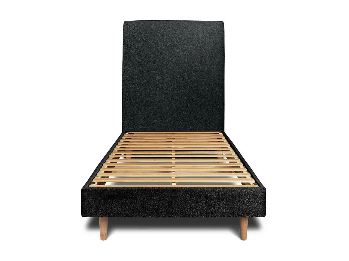 Lit 90x200cm avec tête de lit tapissier bouclette et sommier kit Noir - Hauteur totale : 29cm