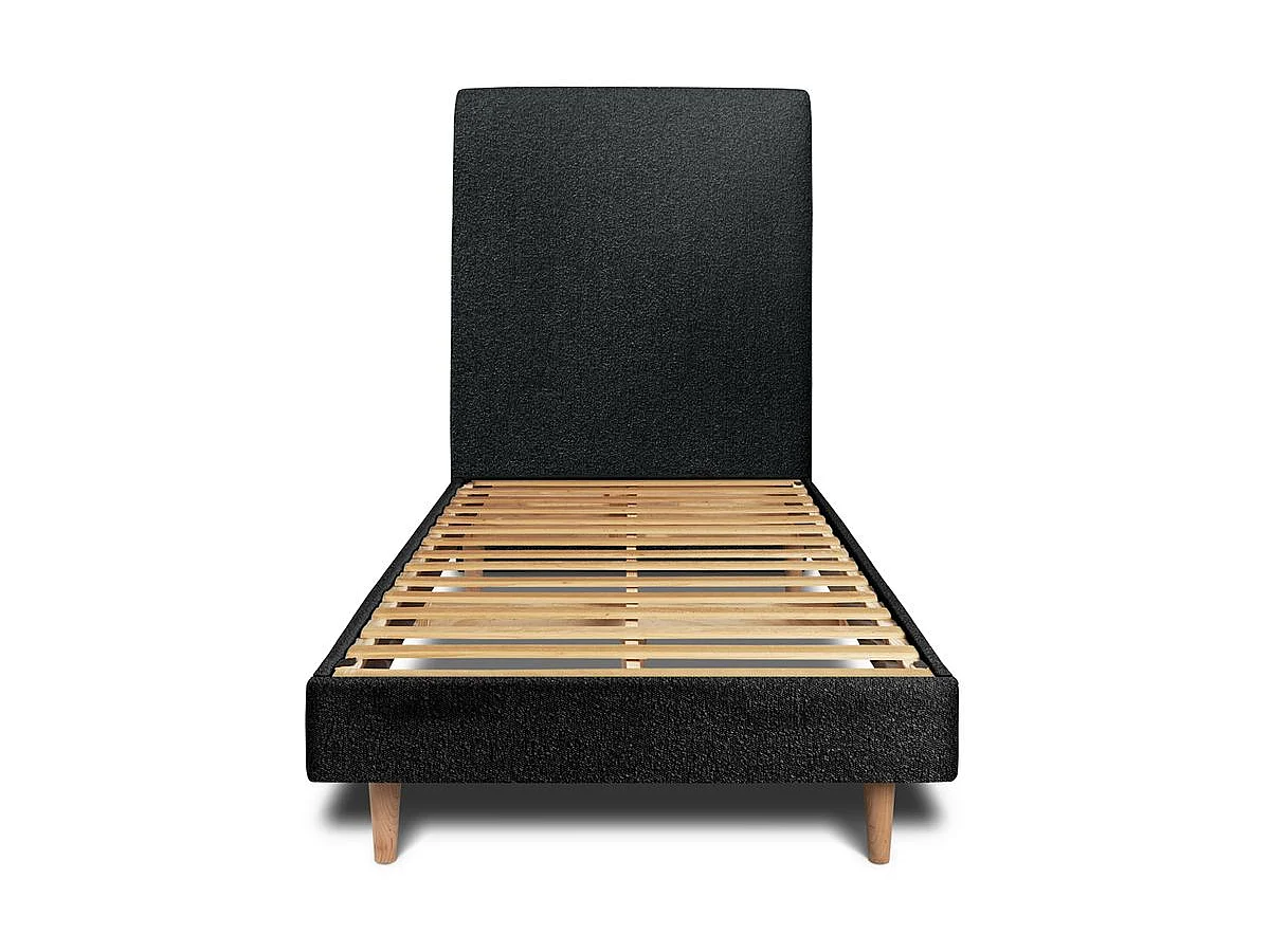 Lit 90x200cm avec tête de lit tapissier bouclette et sommier kit Noir - Hauteur totale : 29cm