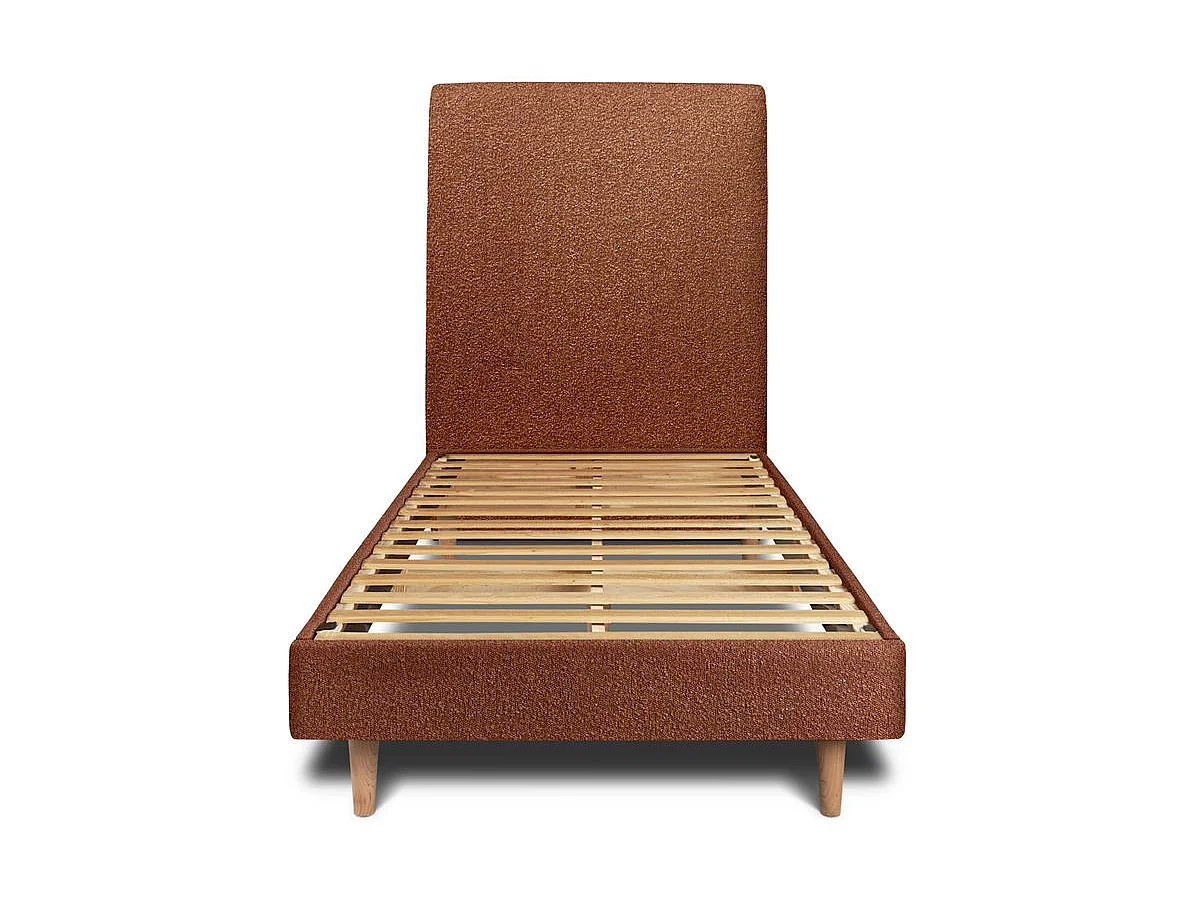 Lit 90x200cm avec tête de lit tapissier bouclette et sommier kit Terracotta - Hauteur totale : 29cm