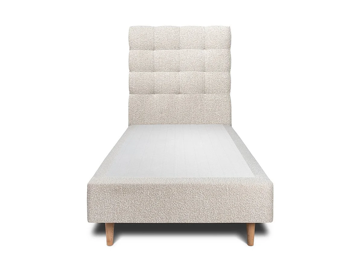 Lit 90x200cm avec tête de lit capitonnée bouclette et sommier tapissier beige - Hauteur totale : 35cm