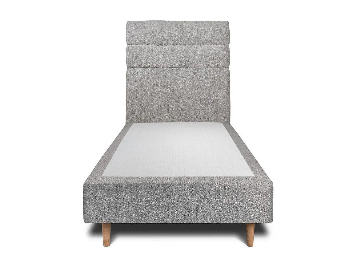 Lit 90x190cm avec tête de lit lignes bouclette et sommier tapissier gris - Hauteur totale : 35cm