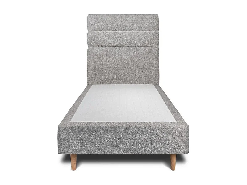 Lit 90x190cm avec tête de lit lignes bouclette et sommier tapissier gris - Hauteur totale : 35cm