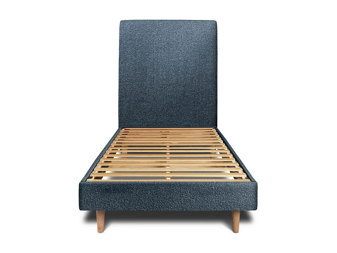 Lit 90x200cm avec tête de lit tapissier bouclette et sommier kit Bleu - Hauteur totale : 29cm