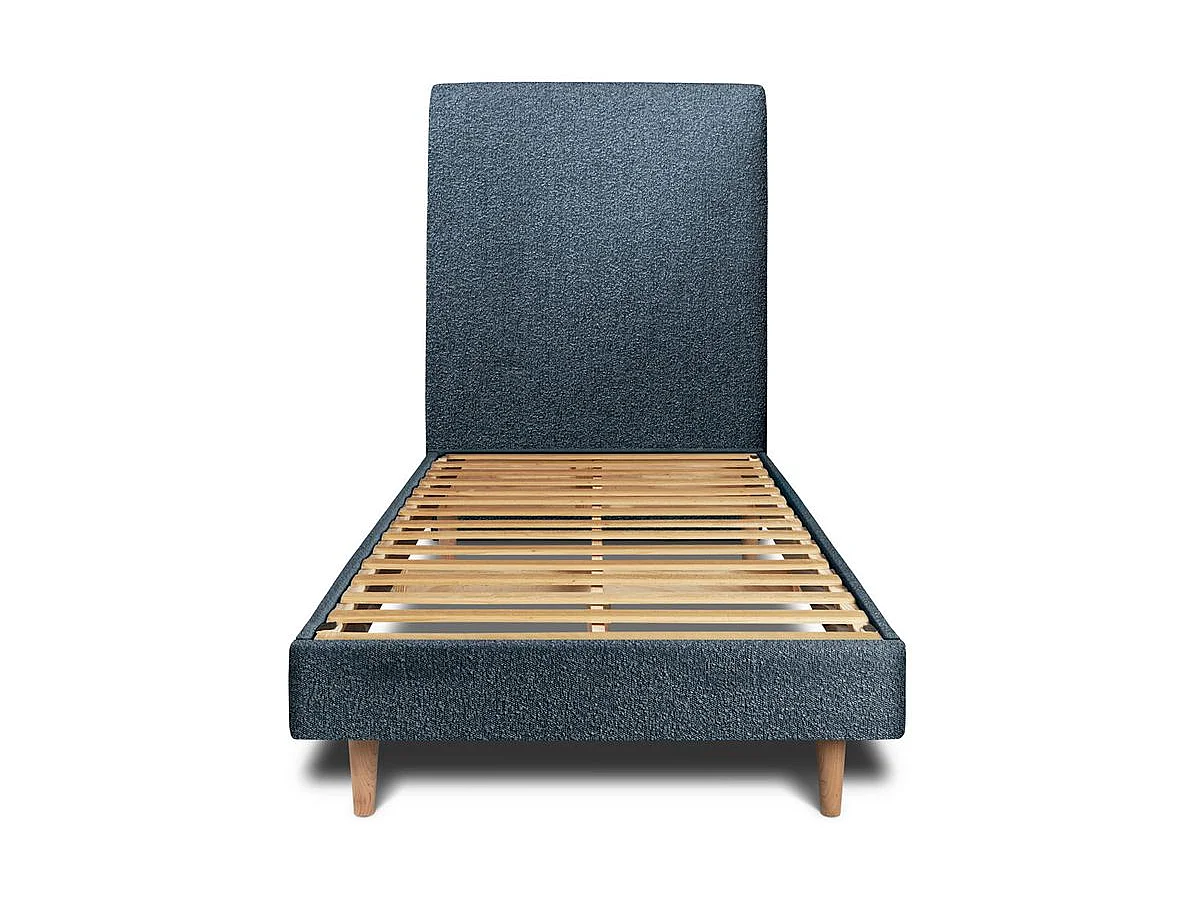Lit 90x200cm avec tête de lit tapissier bouclette et sommier kit Bleu - Hauteur totale : 29cm