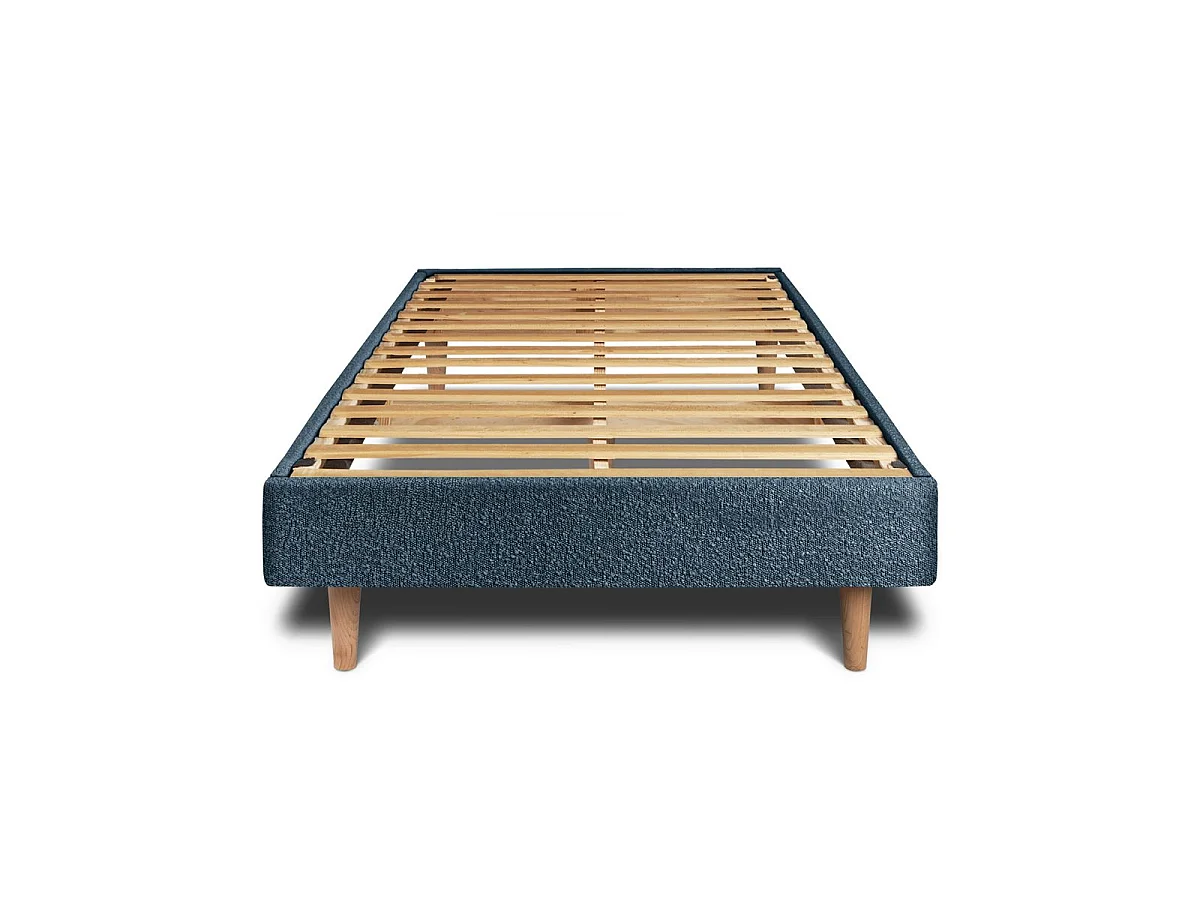 Lit 90x200cm avec tête de lit tapissier bouclette et sommier kit Bleu - Hauteur totale : 29cm