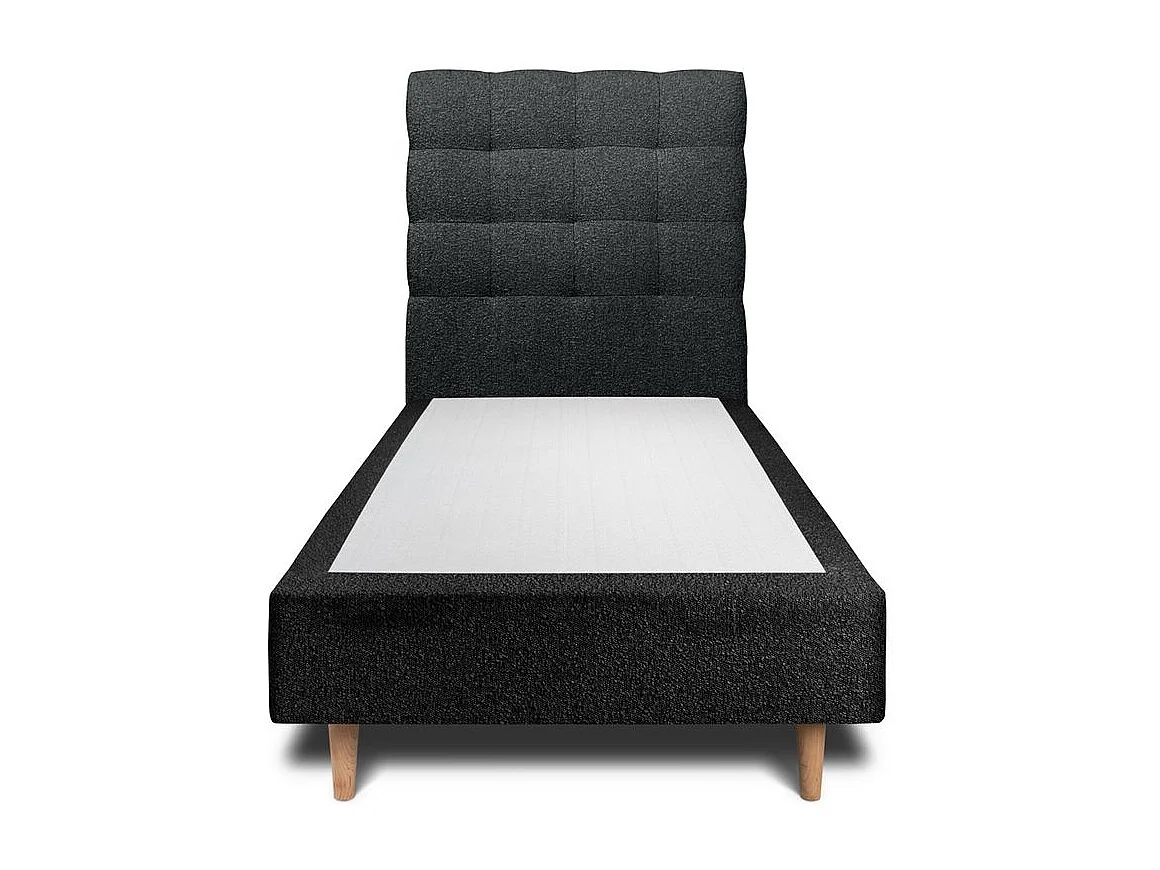 Lit 90x200cm avec tête de lit capitonnée bouclette et sommier tapissier Noir - Hauteur totale : 35cm