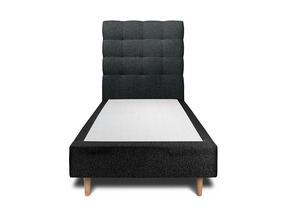Lit 90x200cm avec tête de lit capitonnée bouclette et sommier tapissier Noir - Hauteur totale : 35cm