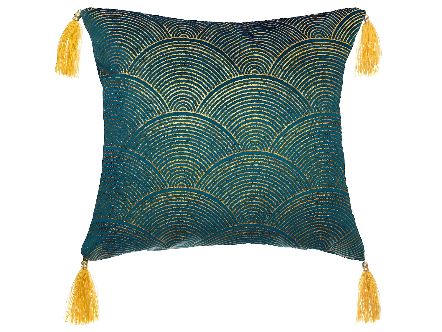 Coussin déhoussable Velours Bleu Motif Or brillant et Pompons 40 x 40 cm