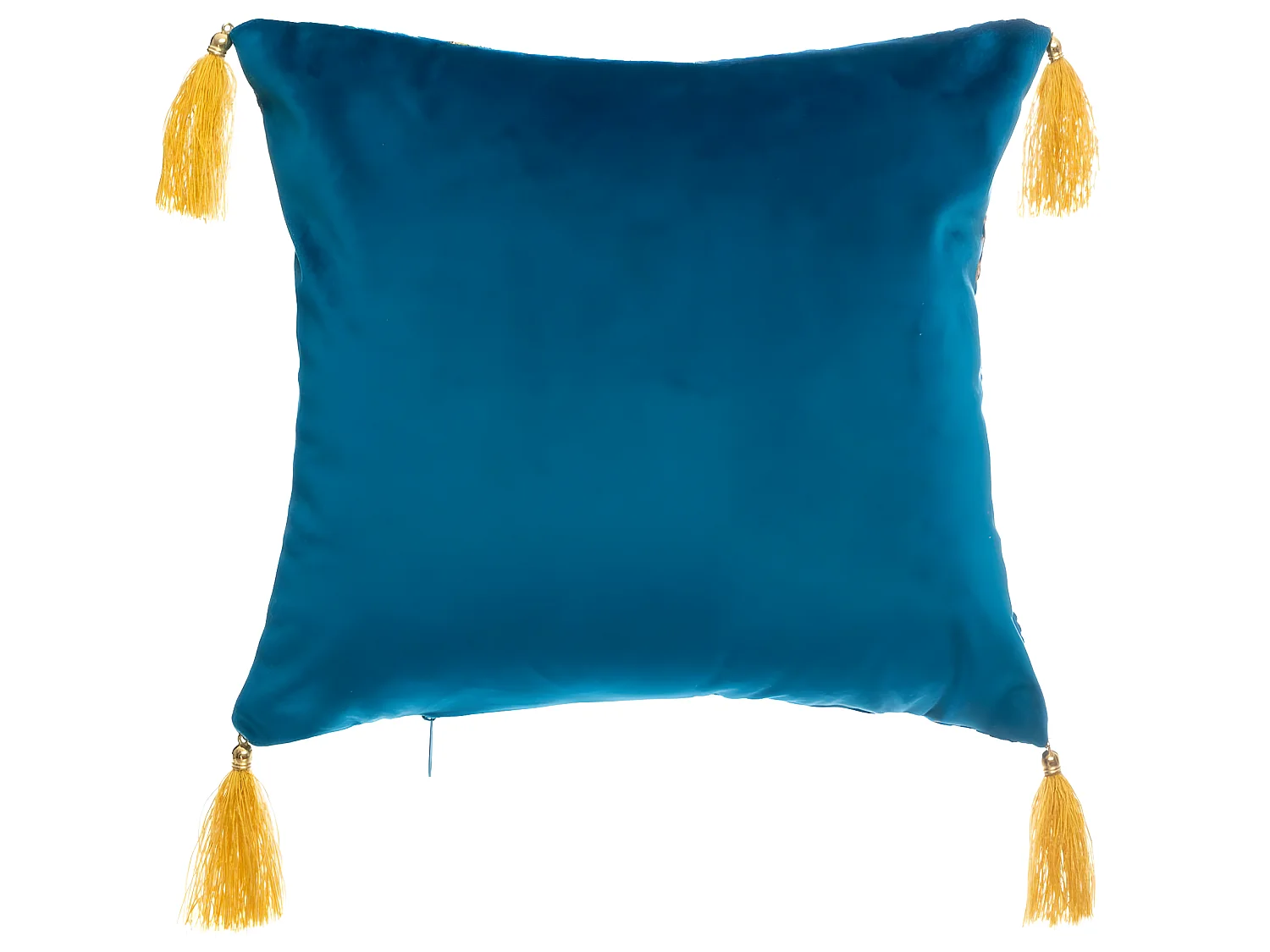 Coussin déhoussable Velours Bleu Motif Or brillant et Pompons 40 x 40 cm