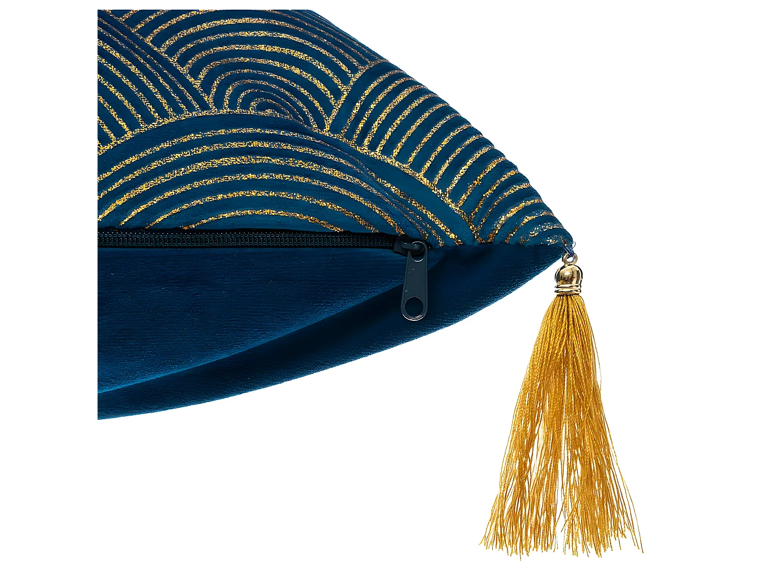 Coussin déhoussable Velours Bleu Motif Or brillant et Pompons 40 x 40 cm