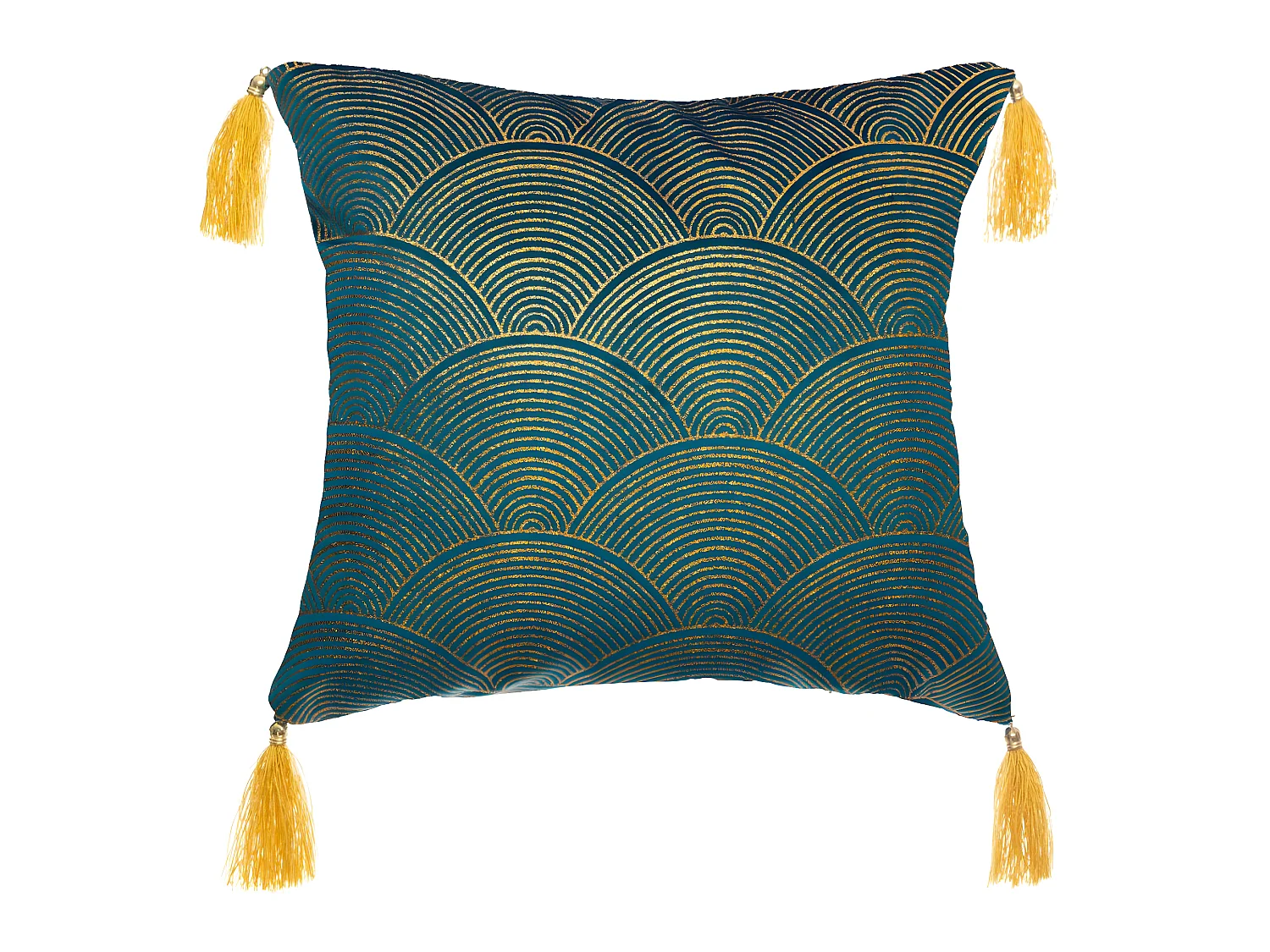 Coussin déhoussable Velours Bleu Motif Or brillant et Pompons 40 x 40 cm