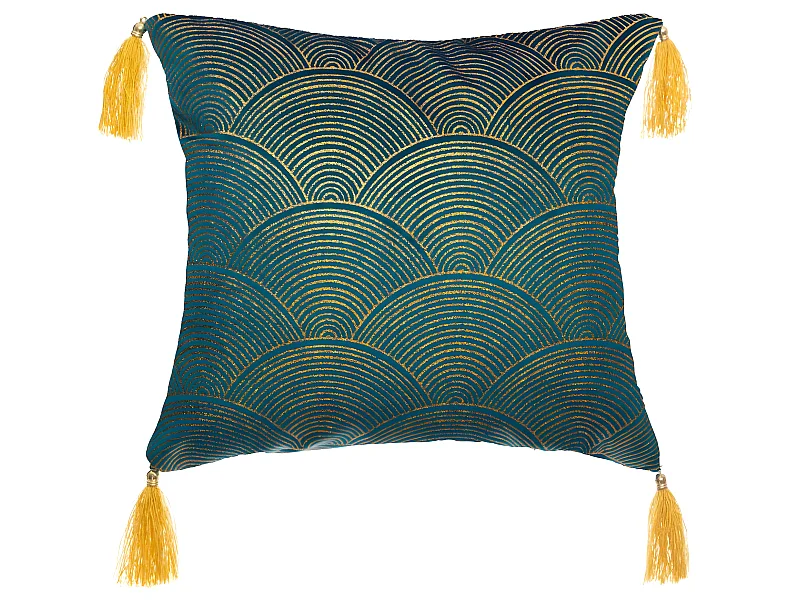 Coussin déhoussable Velours Bleu Motif Or brillant et Pompons 40 x 40 cm