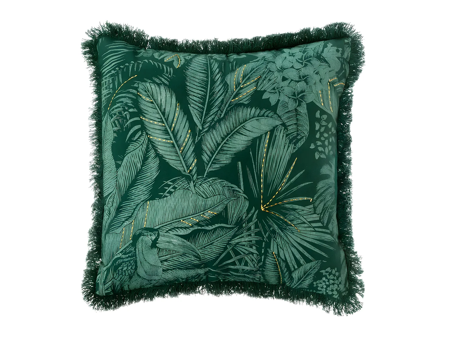 Housse de Coussin Brodée Jungle vert avec franges 40 x 40 cm