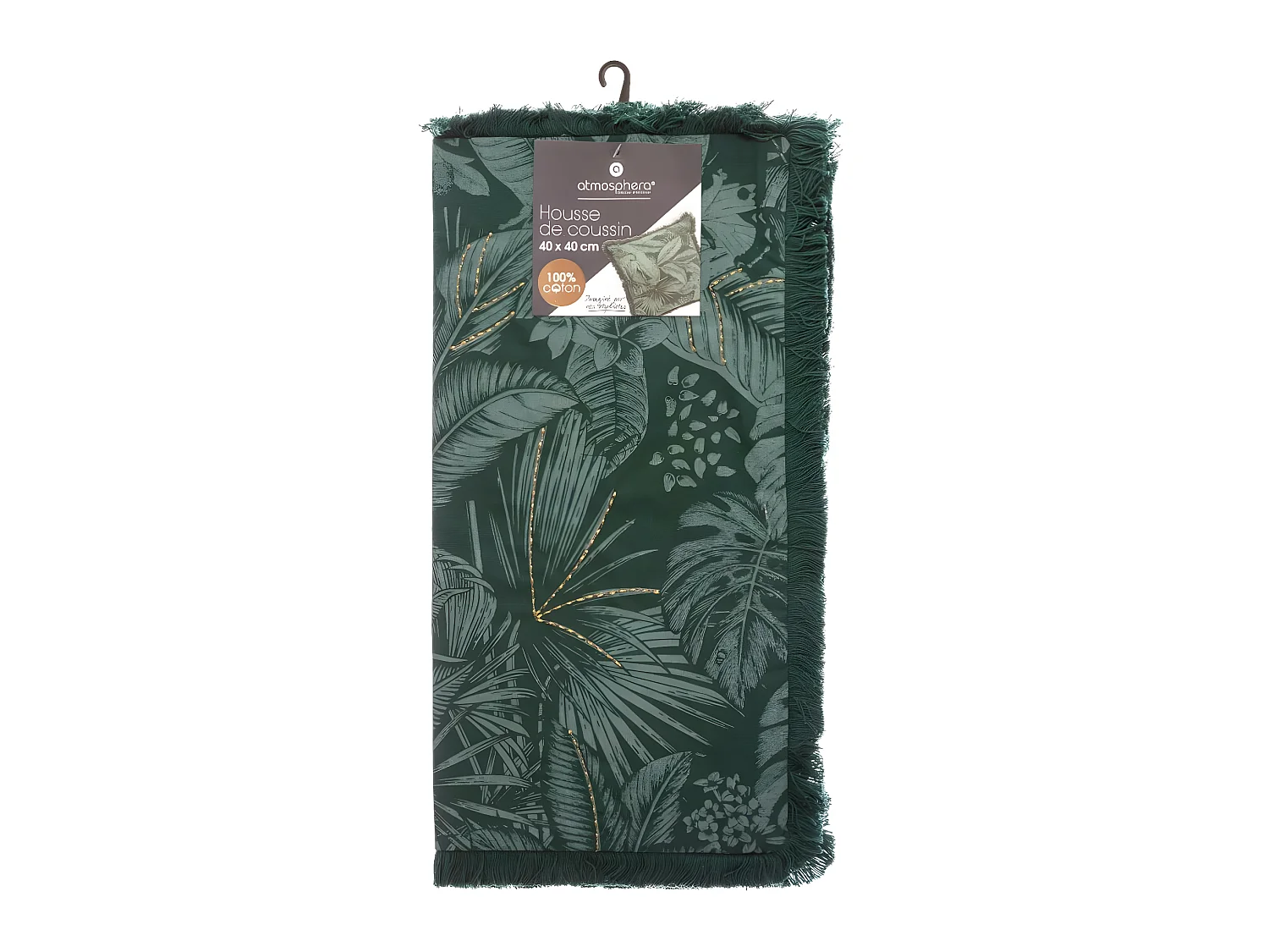 Housse de Coussin Brodée Jungle vert avec franges 40 x 40 cm