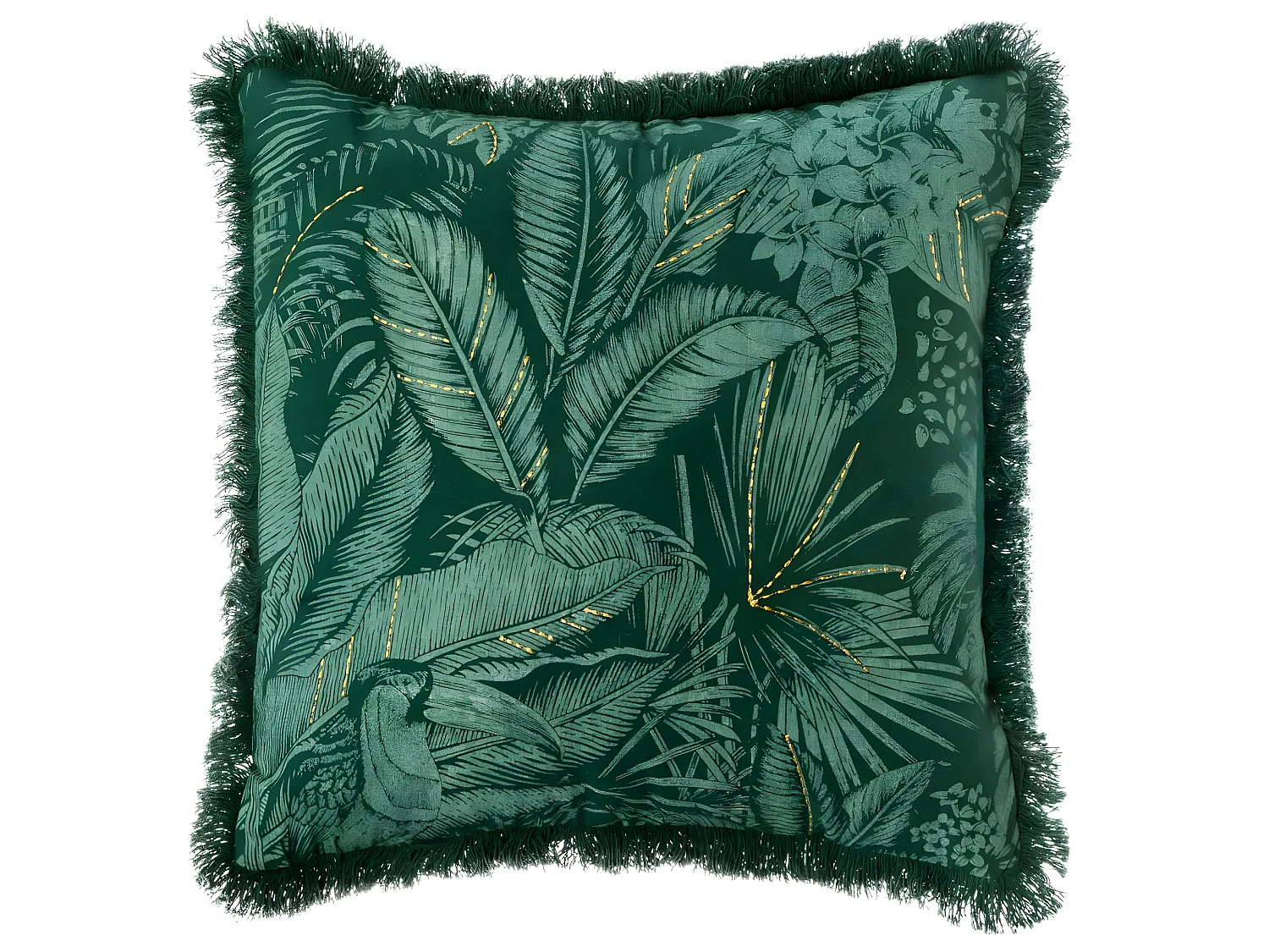 Housse de Coussin Brodée Jungle vert avec franges 40 x 40 cm