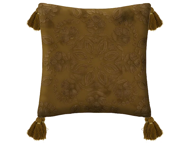 Coussin déhoussable en Coton mordoré motifs brodés avec pompons 40 x 40 cm
