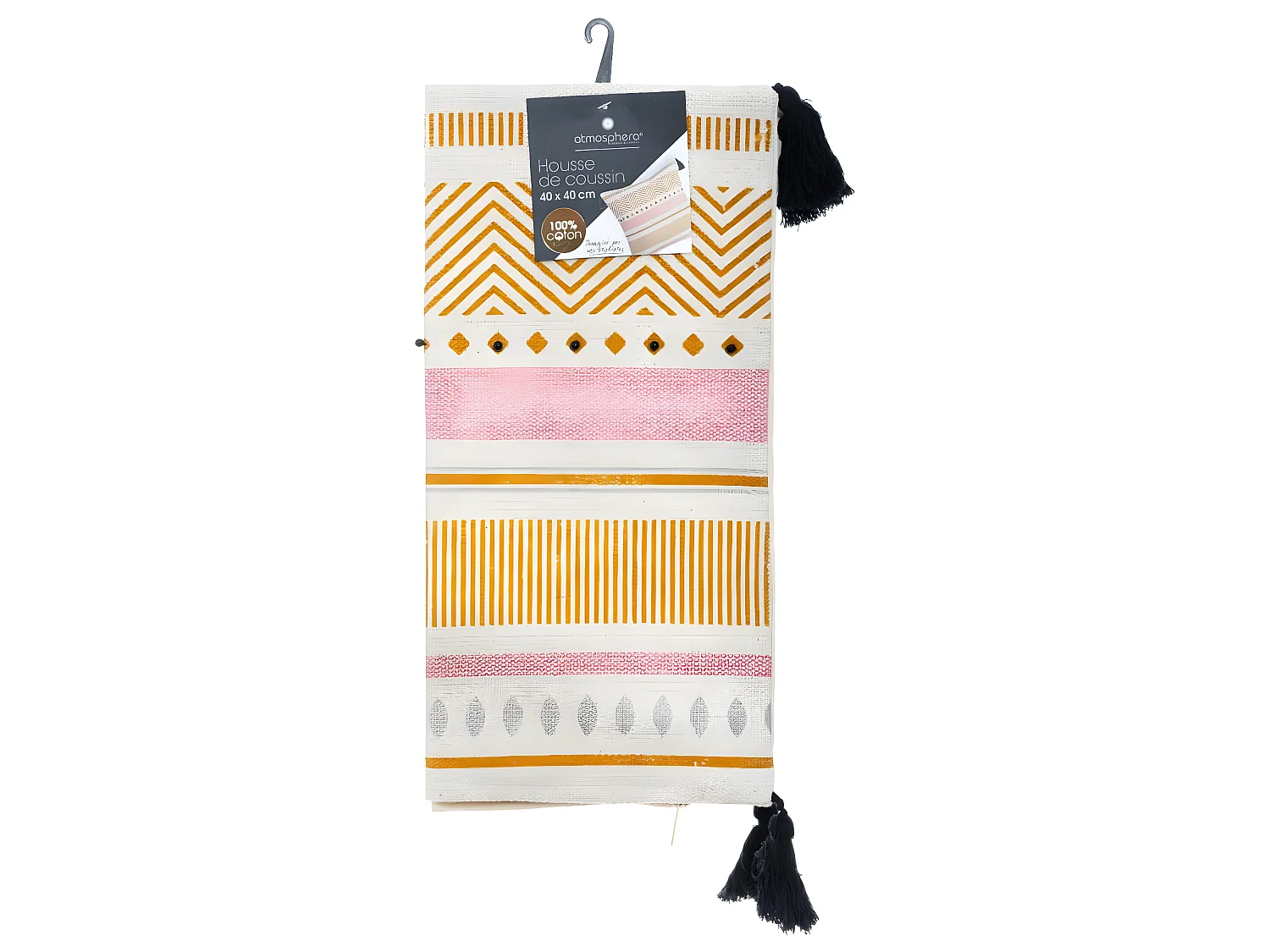 Housse de Coussin Rayures perles et Pompons 40 x 40 cm