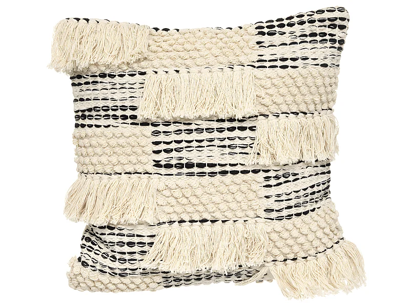 Coussin déhoussable en Coton motifs en relief et franges 45 x 45 cm