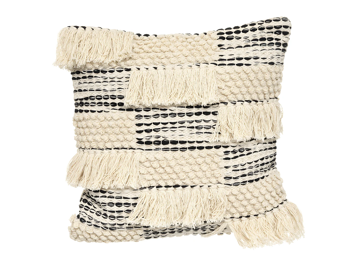 Coussin déhoussable en Coton motifs en relief et franges 45 x 45 cm