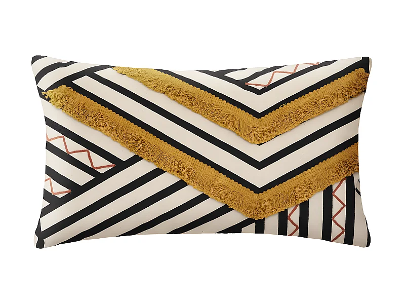 Housse de coussin en Coton Ivoire Noir et Ocre avec broderie et franges 30 x 50 cm